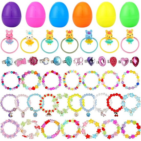 24Pcs Prefilled Easter Eggs with Pretend Jewelry Surprise Toys,Plastic Easter Egg Filled with Bracelets Rings Hair ties for Easter Basket Stuffer,Easter Egg Hunt,Decorations Dress Kit,Classroom Prize