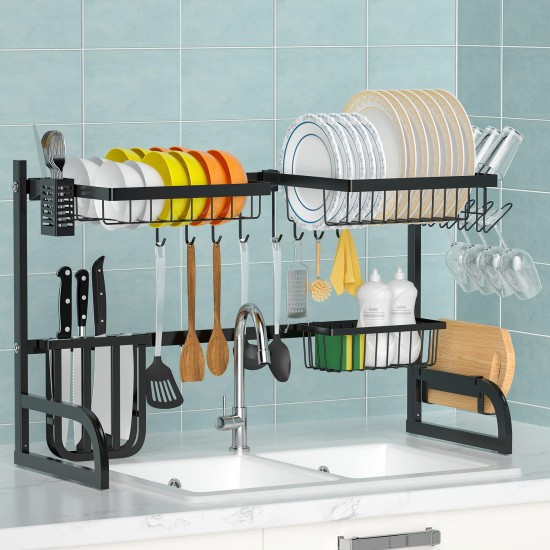 Dish Drying Rack, (25.6-33.5) Adjustable Length, 2-Tier Large Stainless Steel, Over The Sink Dish Drying Rack 