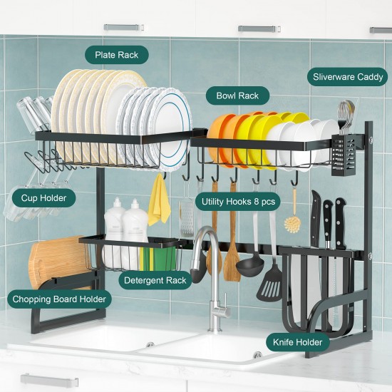 Dish Drying Rack, (25.6-33.5) Adjustable Length, 2-Tier Large Stainless Steel, Over The Sink Dish Drying Rack 